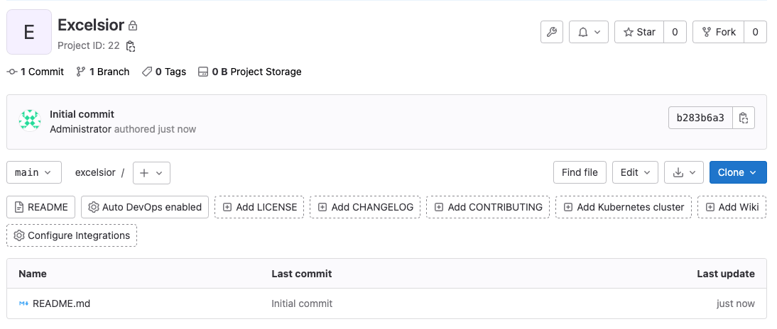 Your new, almost-empty excelsior project